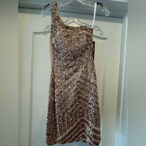 NWT Jovani Sz 00 Rose Gold Sequin One-Shoulder Mini Dress 06016